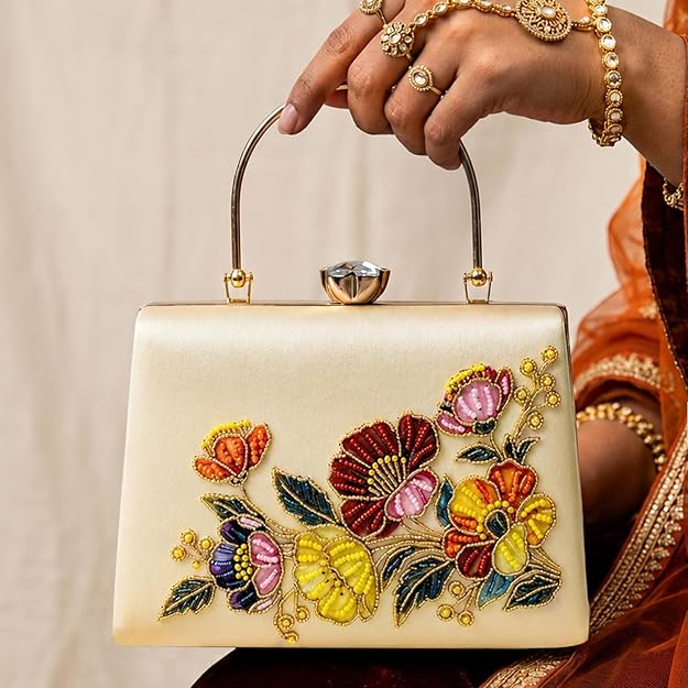 Elegant Floral Pearl Embroidery Clutch