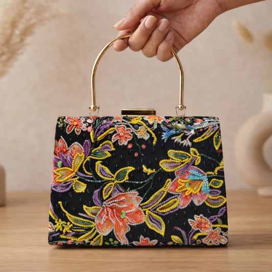 Luxury Black Floral Embroidered Hand Clutch