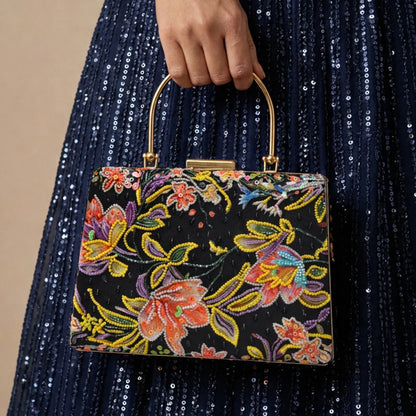 Luxury Black Floral Embroidered Hand Clutch