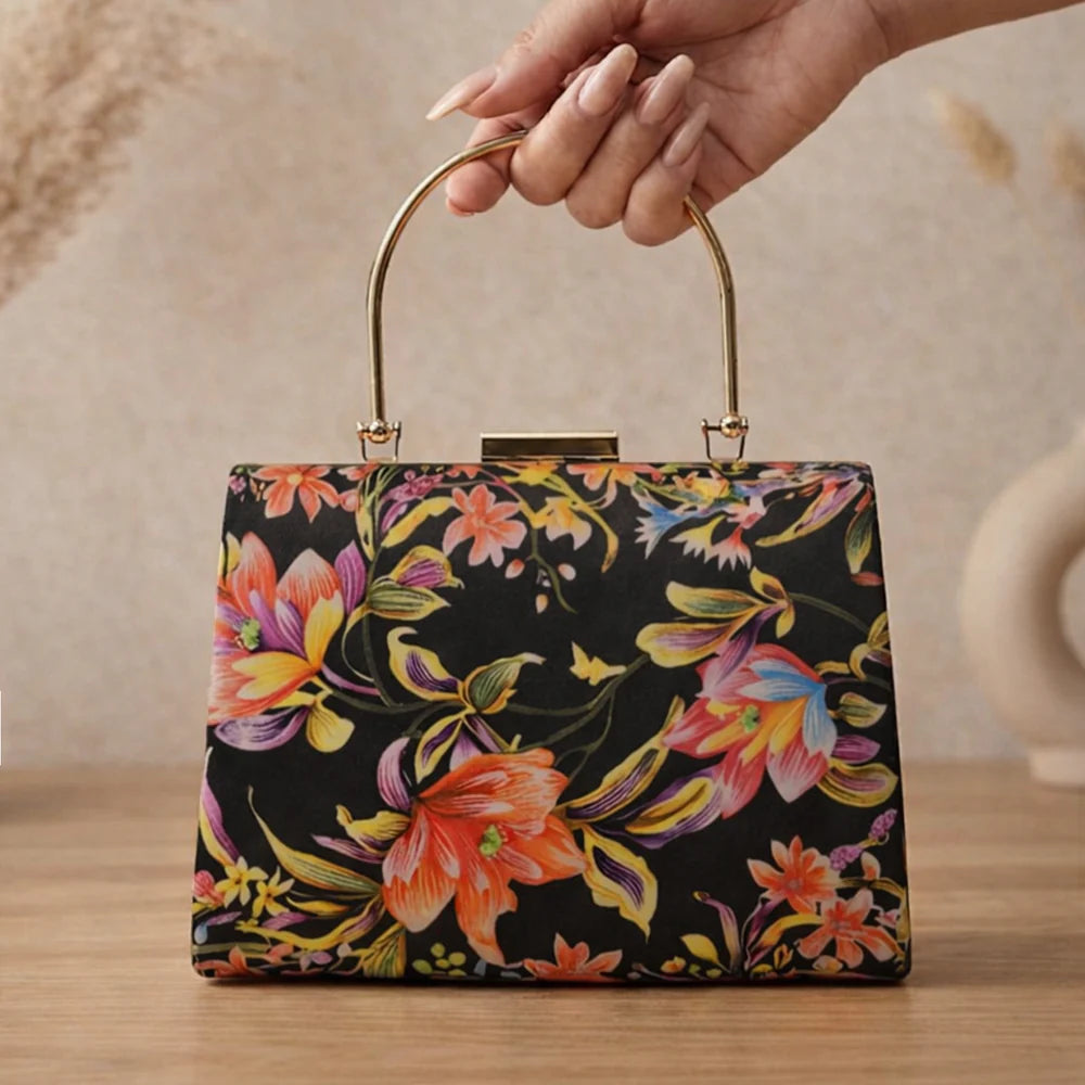 Luxury Black Floral Embroidered Hand Clutch