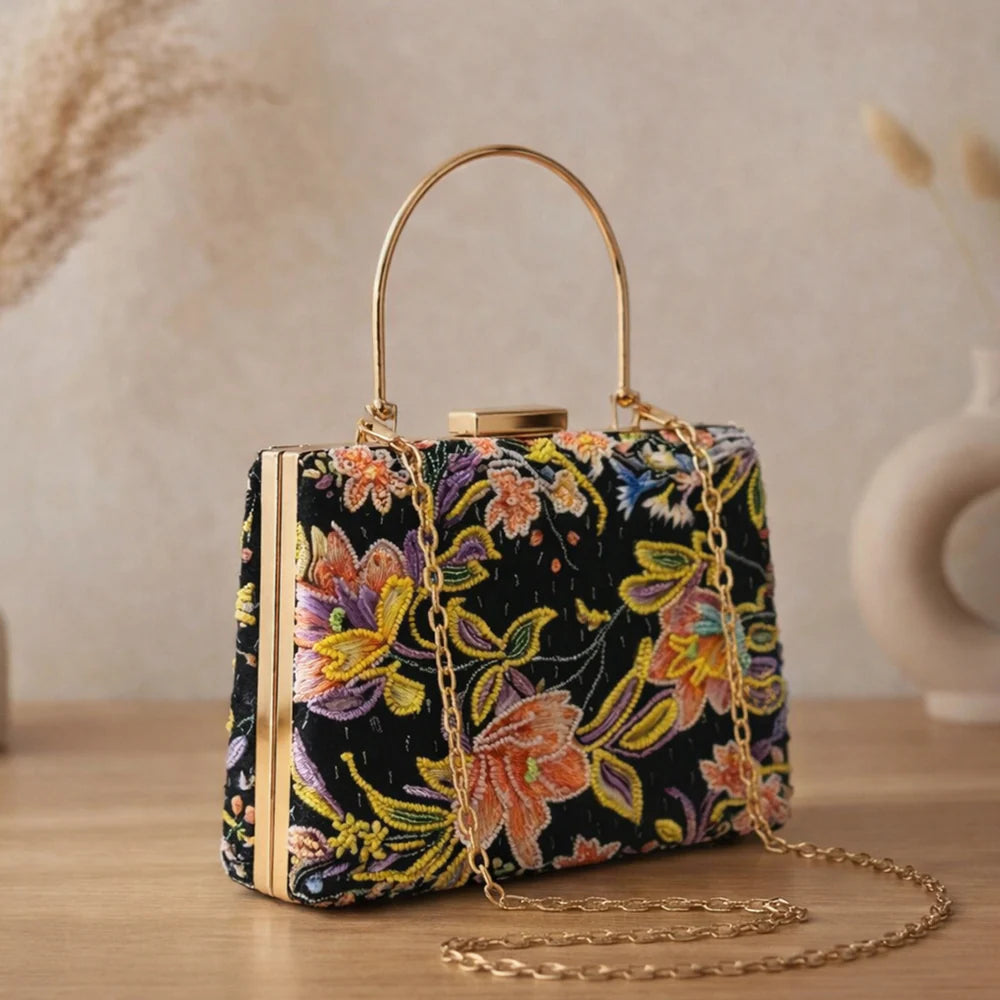 Luxury Black Floral Embroidered Hand Clutch