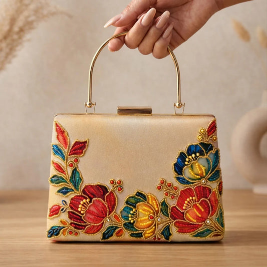 Luxury Champagne Floral Embroidered Hand Clutch