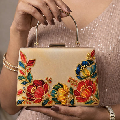Luxury Champagne Floral Embroidered Hand Clutch