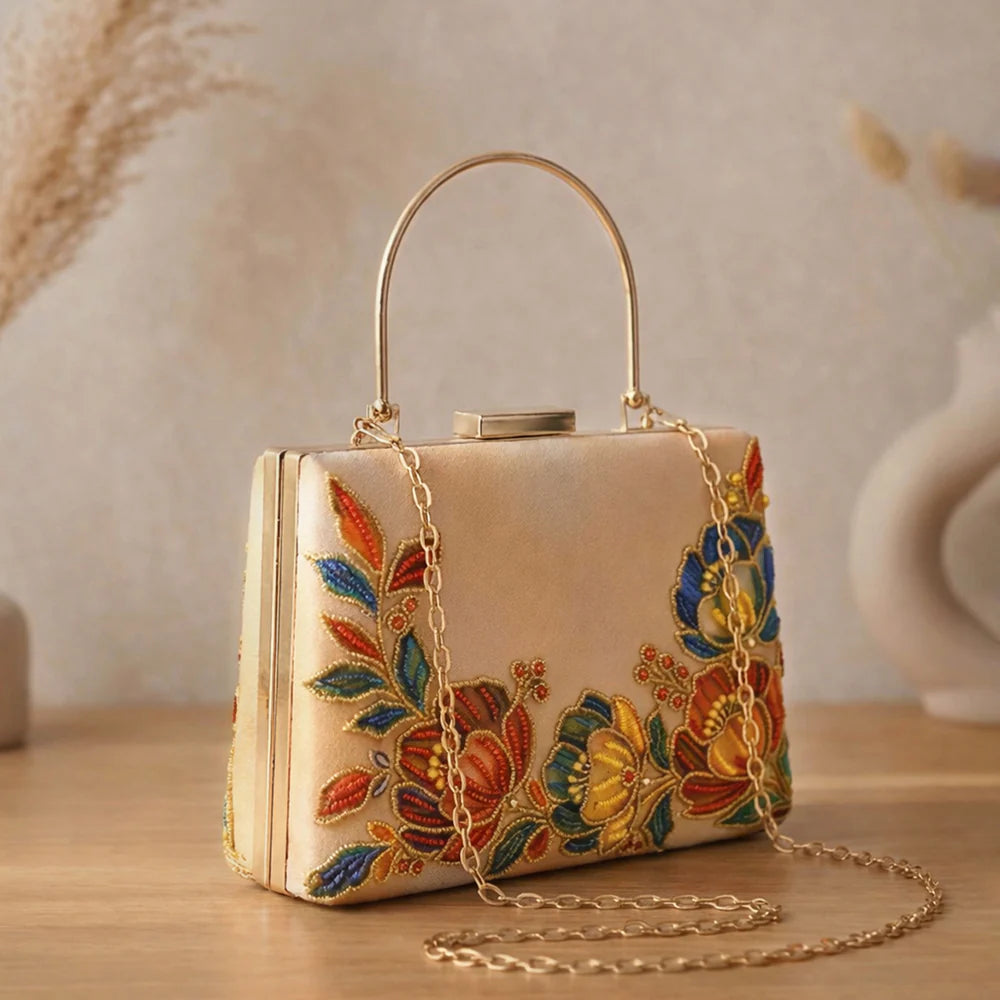 Luxury Champagne Floral Embroidered Hand Clutch