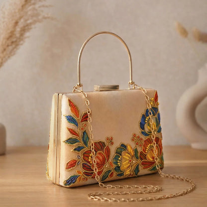 Luxury Champagne Floral Embroidered Hand Clutch