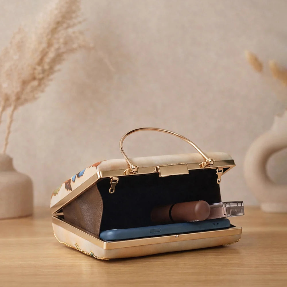 Luxury Champagne Floral Embroidered Hand Clutch