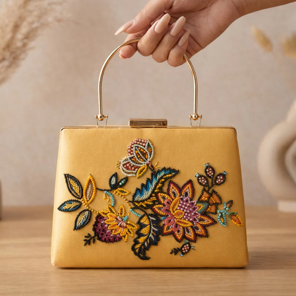 Luxury Golden Floral Embroidered Hand Clutch
