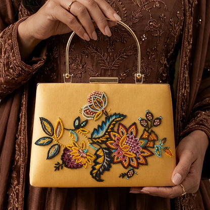 Luxury Golden Floral Embroidered Hand Clutch