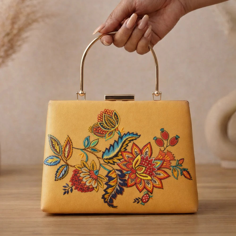 Luxury Golden Floral Embroidered Hand Clutch