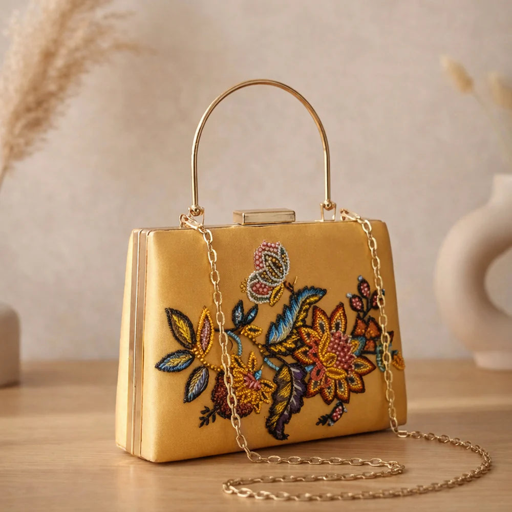 Luxury Golden Floral Embroidered Hand Clutch