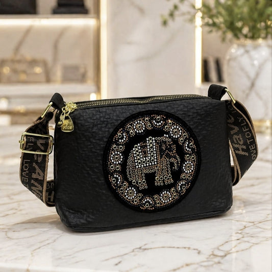Mandala Elephant Black Shoulder Bag